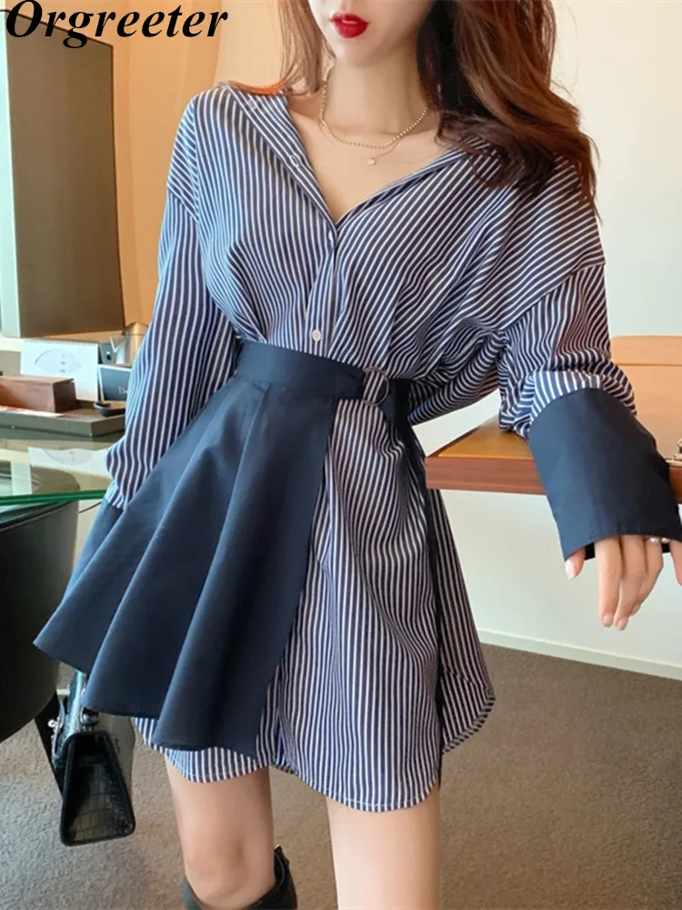 

Spring New Korean Fashion Shirt and Skirt Two Piece Set Women Casual Loose Long Shirt Dress &Lacing Skirt Suits