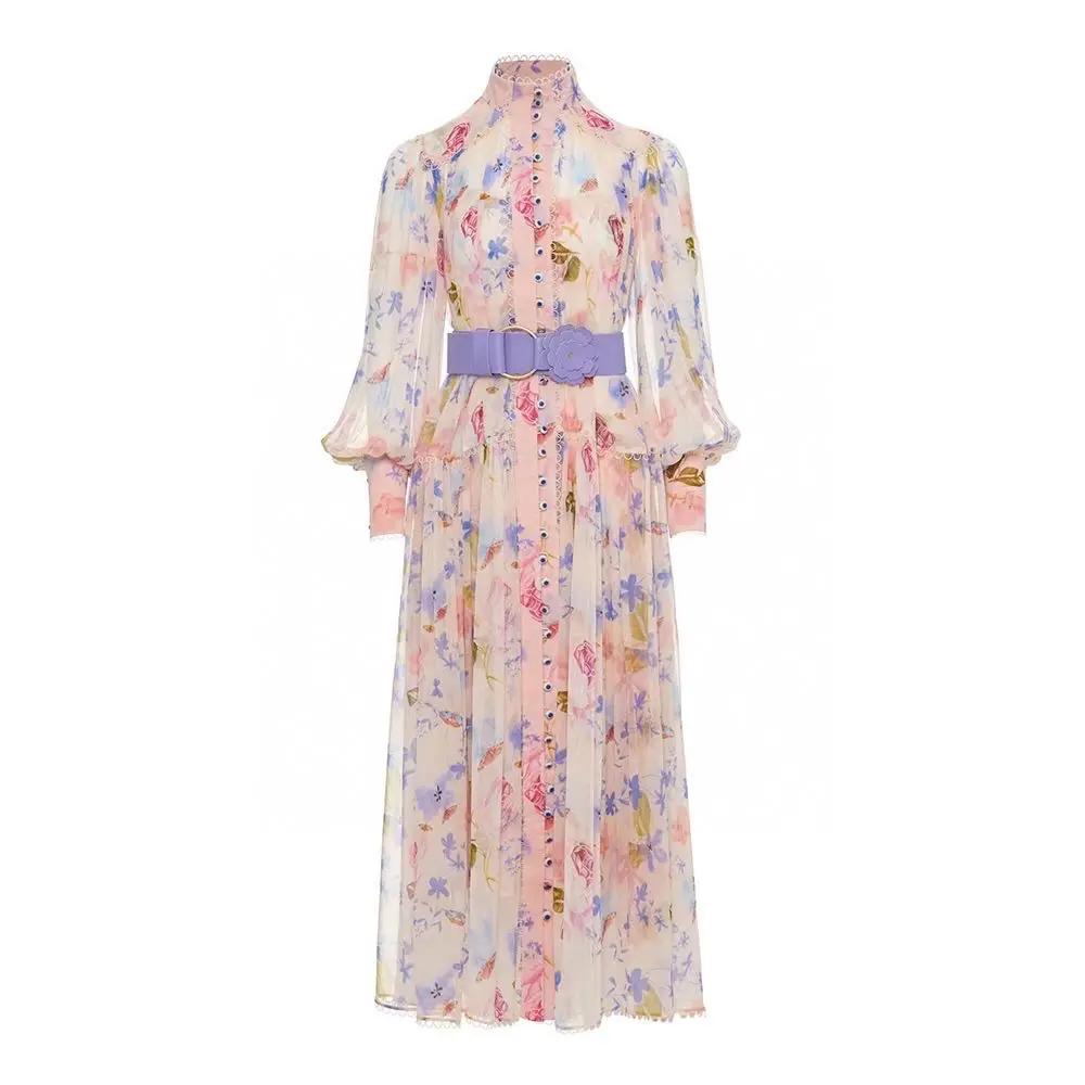 Spring Summer Print Dresses For Women Stand Collar Lantern Sleeve Spliced Belt Slim Long Dress Female Clothing 2023 New