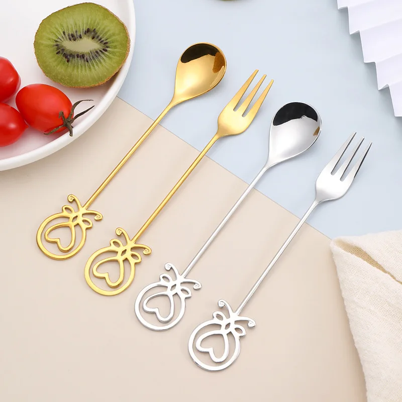 

Wholesale creative Octopus heart Fork Spoon Set dessert fork spoon cake small spoon 304 stainless steel coffee spoon