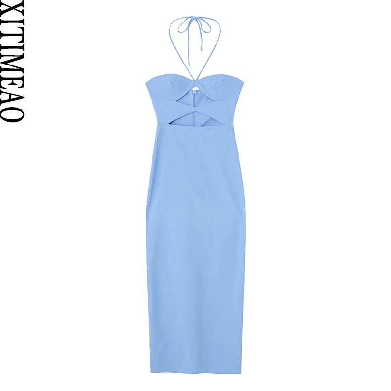 

Xitimeao Women Fashion With Tied Cut Out Midi Dress Vintage Backless Zipper Thin Straps Female Dresses Vestidos Mujer