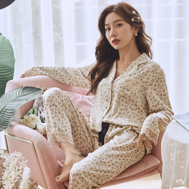 Women's 2 Piece Pajama Set Apricot Leopard Print Pijama Suit Ice Silk Pyjama Female Sleepwear Long Sleeve Shirt Trouser Homewear