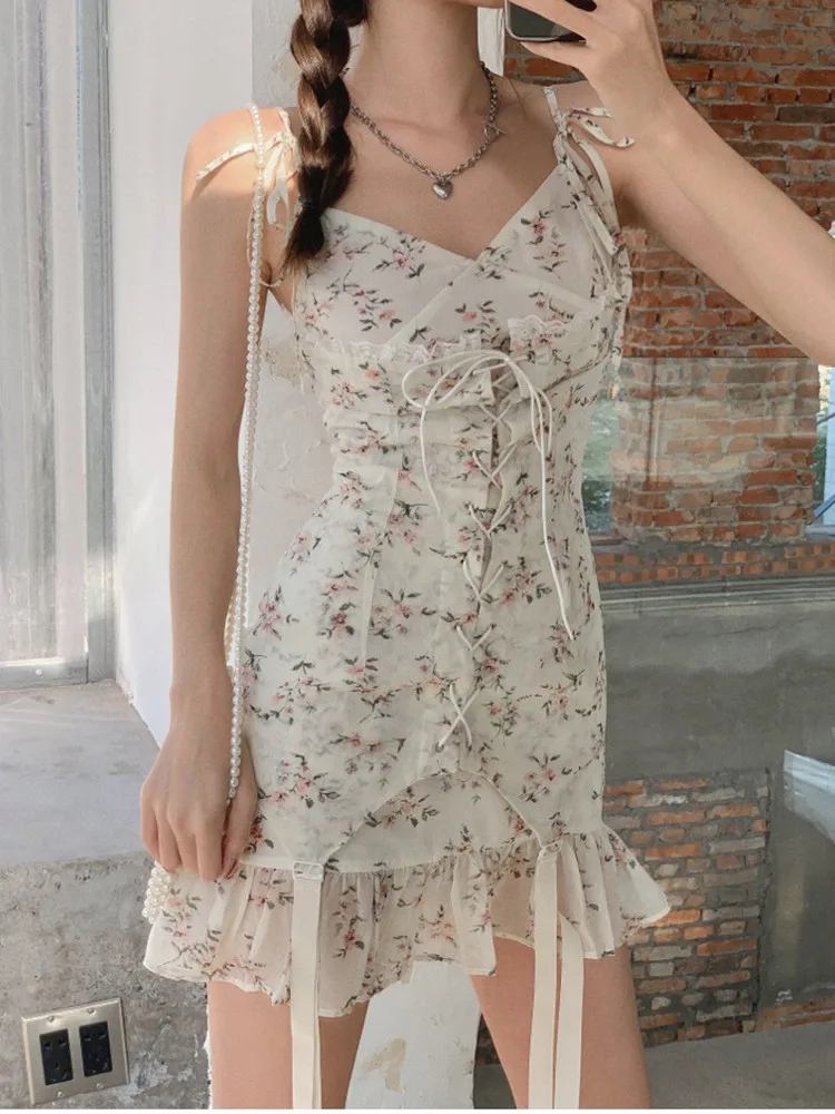 

Summer Floral Strap Dress Women French Style Slim Drawstring Lace-up Ruffle Trim Sleeveless Camisole Sexy Mini Boho Dresses