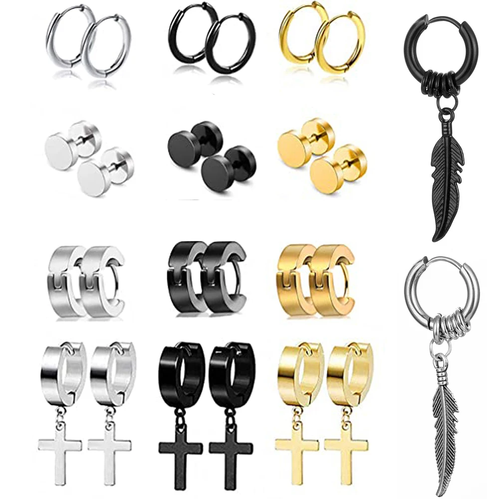 

6 Styles 316L Stainless Steel Dangle Round Cross Leaf Earring for Men Women Cool Punk Eboy Stud Earring Set