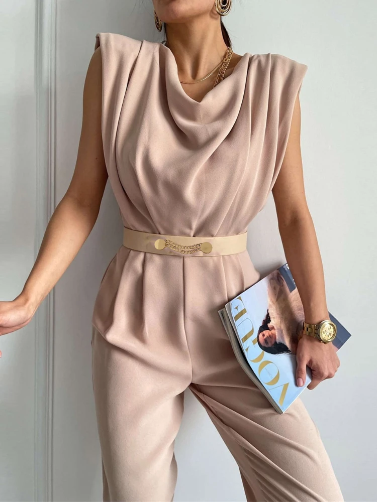 

2022 Summer Jumpsuit Women O Neck Shoulder Elegant Office Lady Sleeveless High Waist Jumpsuit Party Romper Casual Slim Bodysuit