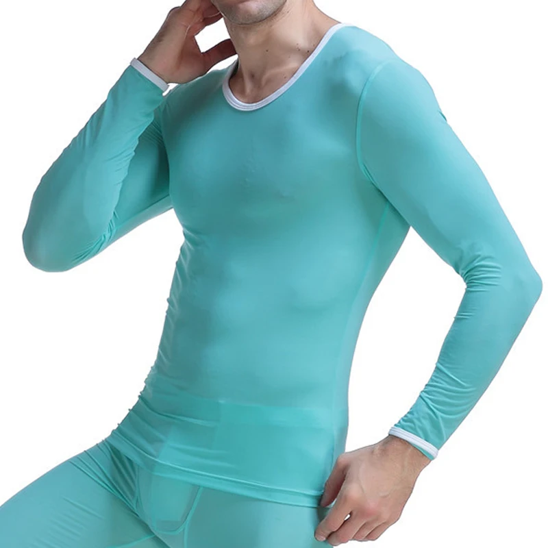 Summer Men's Undershirt Thermal Super Thin Men Ice Silk Solid Underwear Sheer T Shirts Long Johns Male Long Sleeves Tops Tees