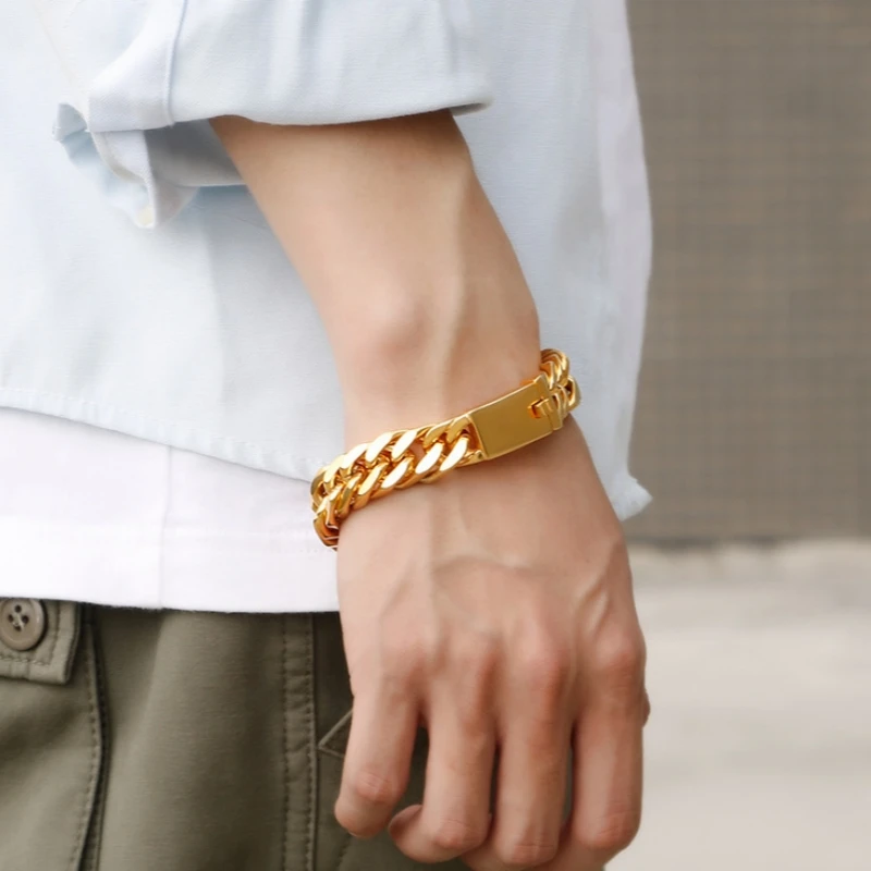 Мужской браслет из кубинской цепи с гальваническим покрытием и двумя кнопками