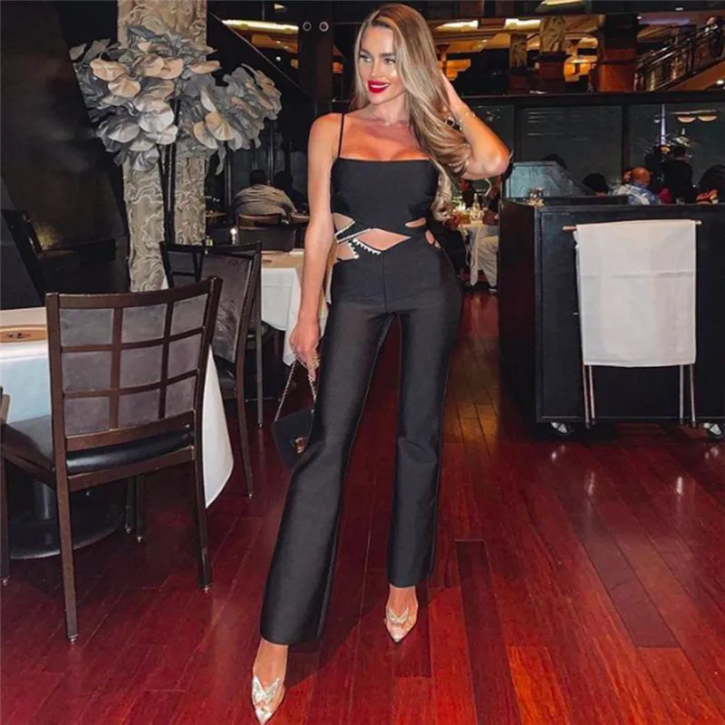 Sexy Backless Lace Up Bandage Jumpsuit for Women Black Spaghetti Strap ...