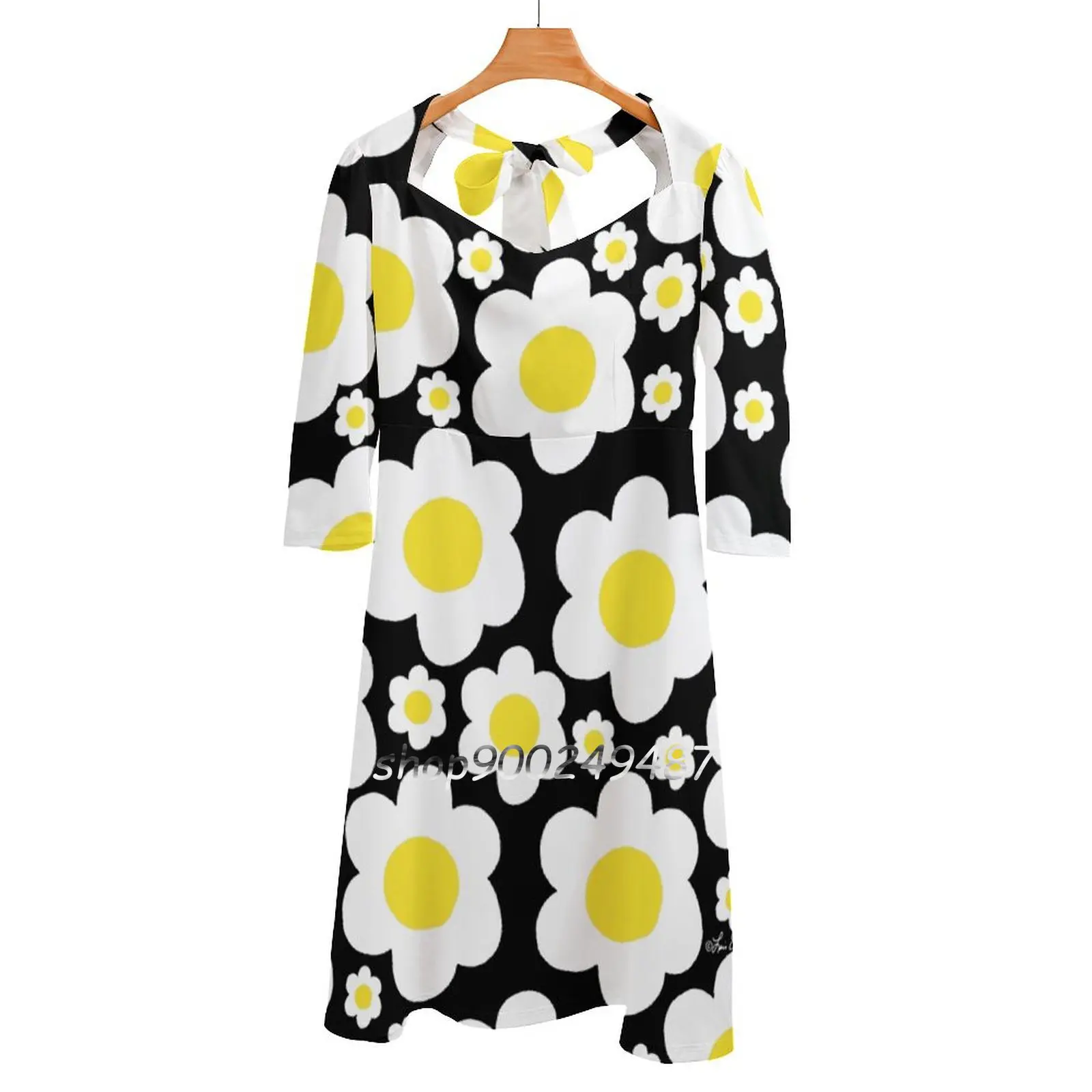 

Retro 60'S Daisy Pop Flowers Square Neck Dress Cute Loose Print Dresses Elegant Beach Party Dress Retro Vintage Inspired Mod