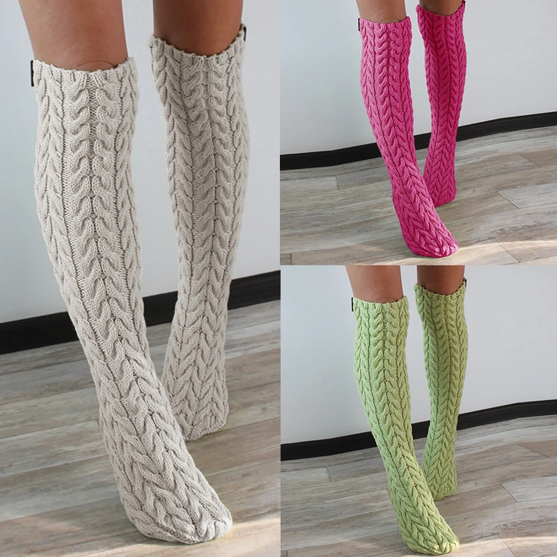 New Over The Knee Women Knitted Wool Leg Warmers Long Solid Color Hollow Mesh Stacked Socks Winter Warm Socks Home Long Socks