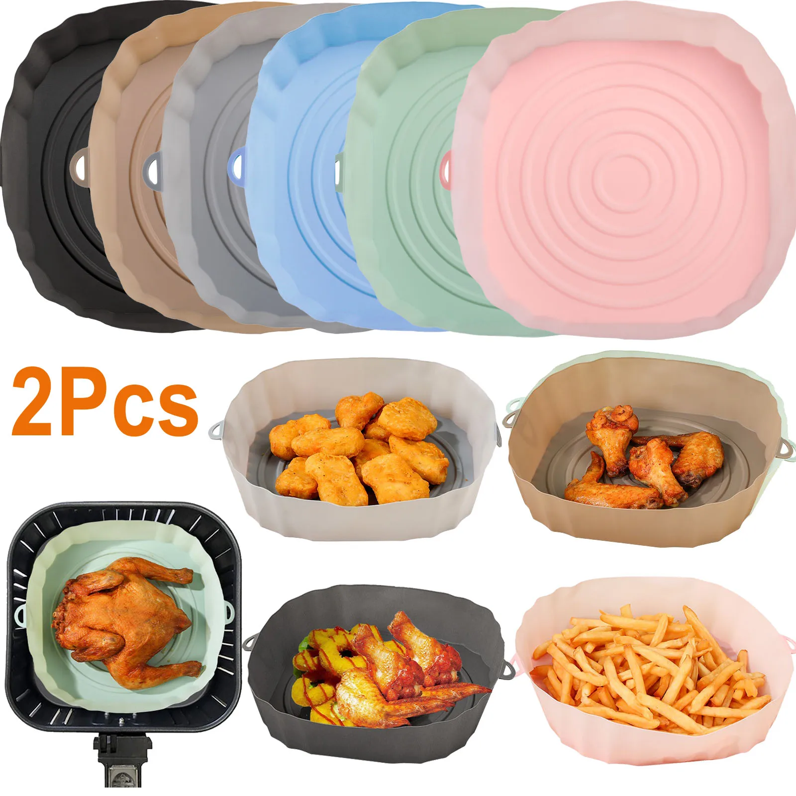 

2Pcs Air Fryer Silicone Basket Reusable Airfryer Oven Baking Tray Pizza Fried Chicken Silica Gel Pan Pad Liner Accessories