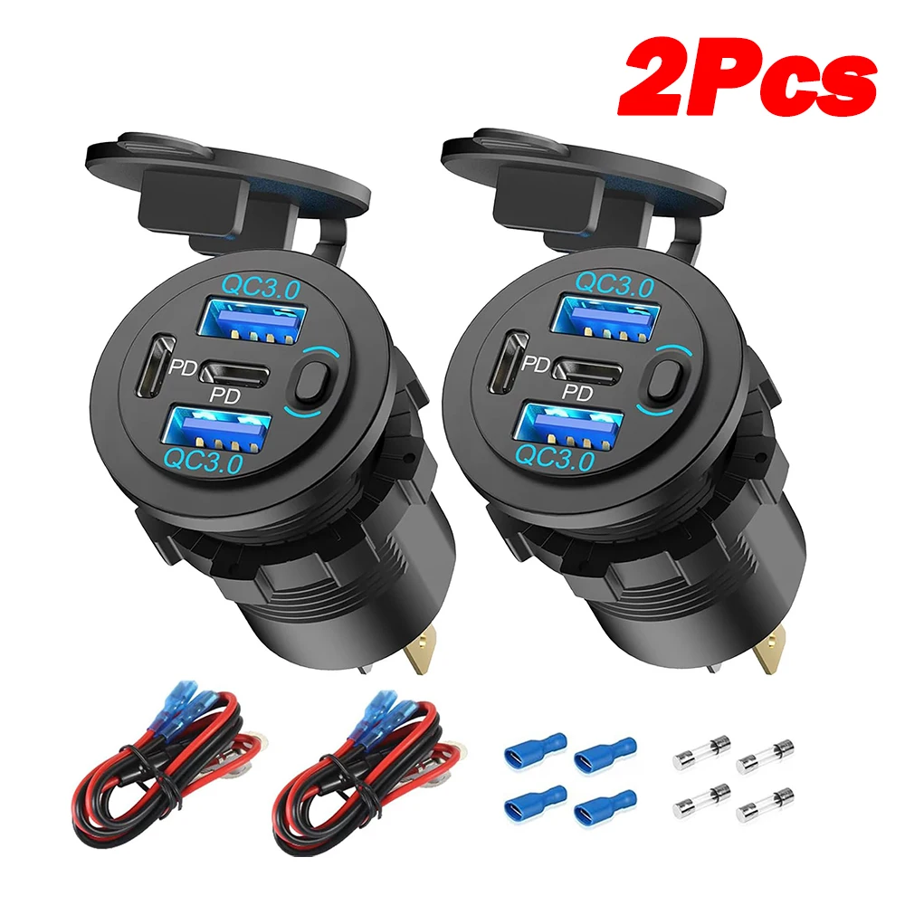 

2 шт., 12 В, USB-розетка, 4 порта, 78 Вт, сверхбыстрая, двойная PD3.0 и QC3.0, USB-порта для автомобильного зарядного устройства, водонепроницаемые для морской лодки, мотоцикла, автофургона