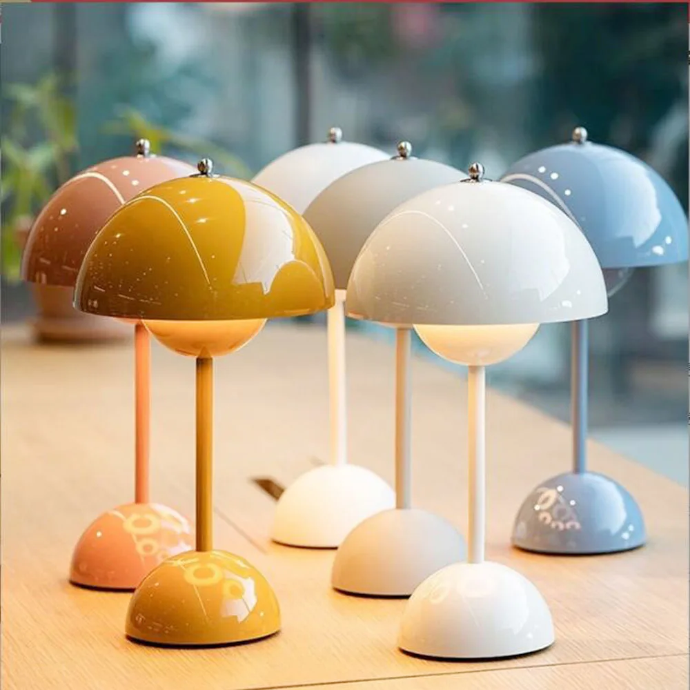 Lámpara de mesa LED recargable con forma de flor de hongo, luz de noche táctil para dormitorio, comedor, decoración moderna Simple