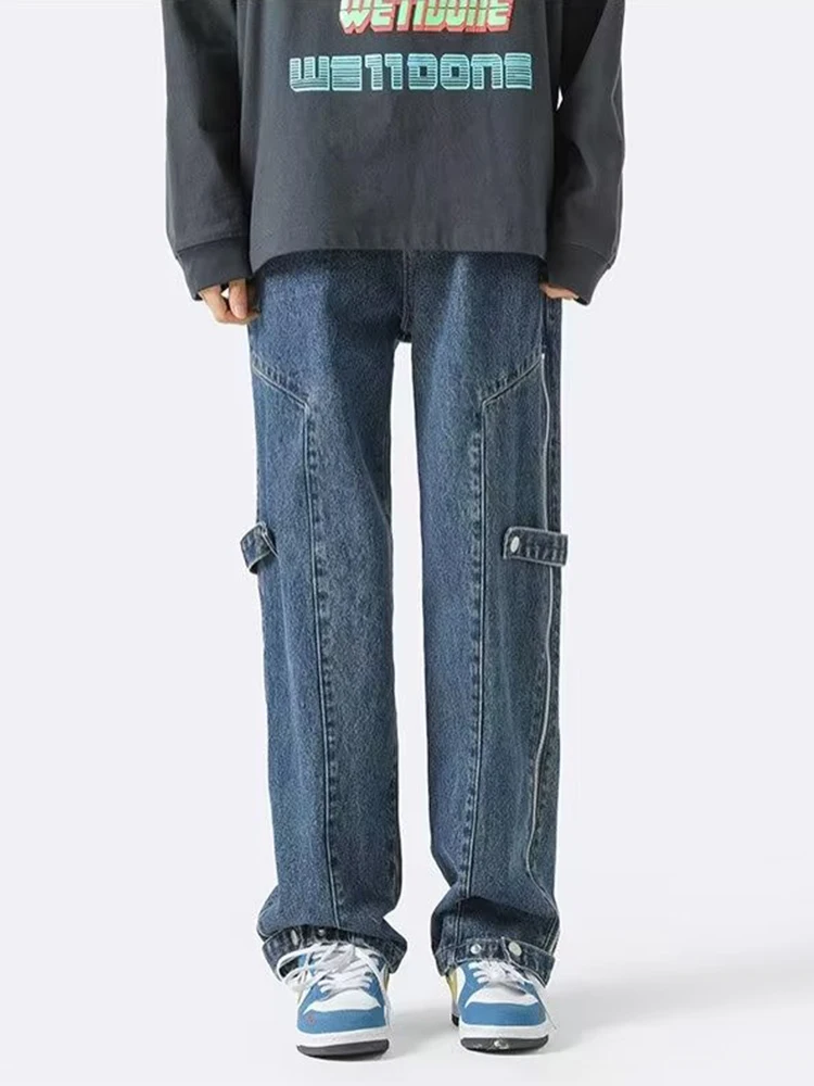 Side Zipper Open Design Men's Loose Denim Trousers Retro Straight Street Loose Wide Leg Split Trousers Designer Jeans Pants Men