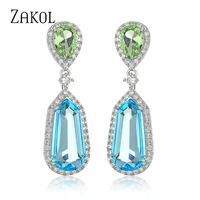 zakol luxury ocean blue cubic zirconia drop earrings for women fashion bridal dinner long dangle earring jewelry