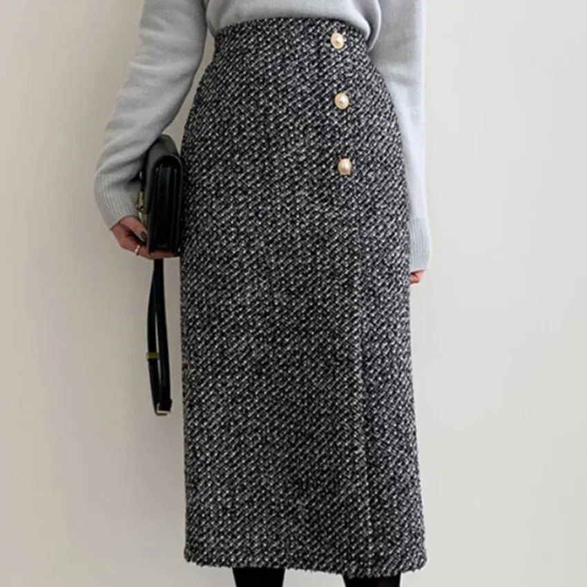 

Striped Woolen Pencil Skirt For Women Autumn Winter High Waist Small Fragrance Retro Knee Length Split Step