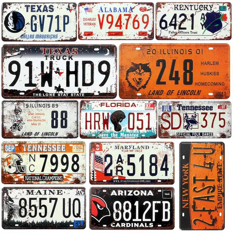 

US Florida Texas Maryland Mississippi Car Number License Shabby Vintage Metal Wall Plates Garage Bar Home Decor 15x30cm Tin Sign