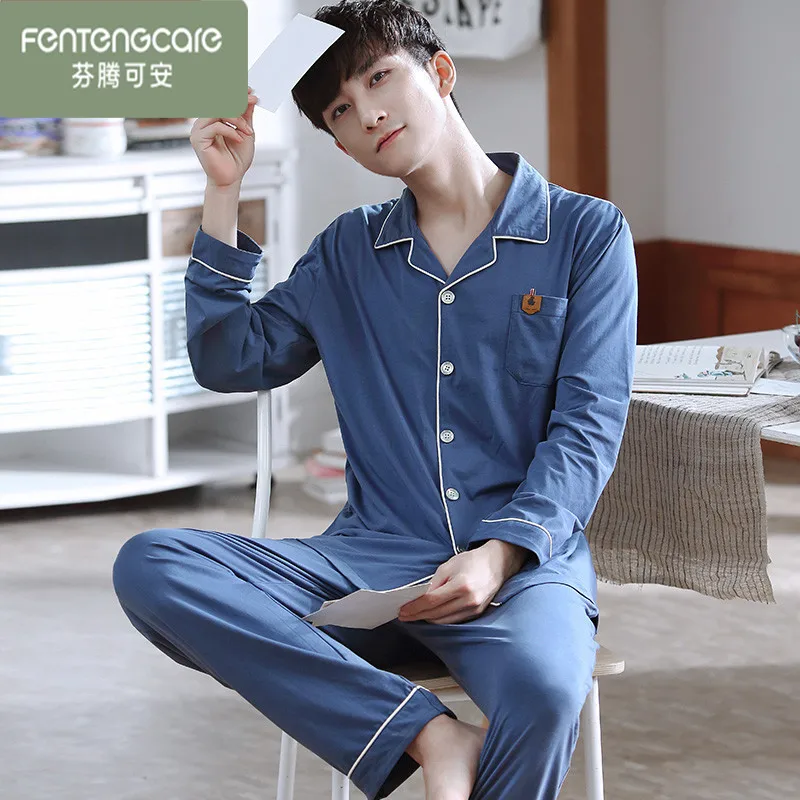 Finteng Kean Autumn Modal Cotton Silk Pajamas for Men 2024 New Long sleeve Spring and Men's Plus size Homewear