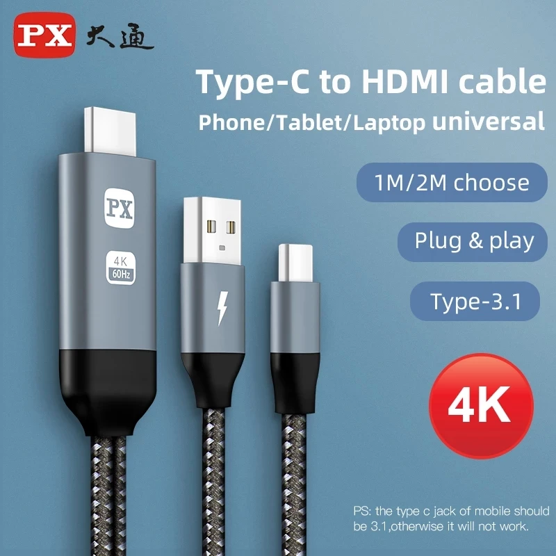 PX 4K/2K HDTV Cable Type C to Hdmi Compatib Phone to TV Mhl to Hdmi USB C 3.1 to Hdmi Converter Cable for Hua Ipad Pro Macbook