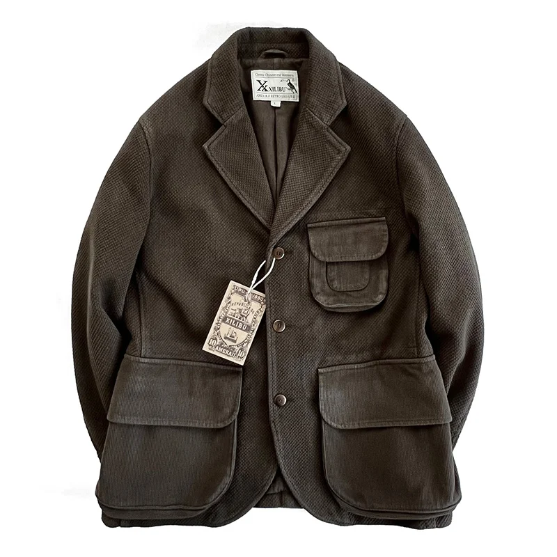 

Men's Suit Multi-pockets Notch Lapels Thick Cotton Safari Jacket Vintage Clothes for Male