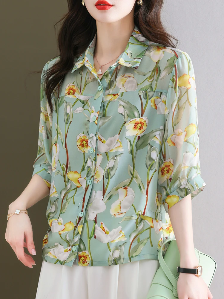 

Floral Women's Shirt 2023 Summer Print Half Sleeve Top Women Korean Fashion Vintage Single Breasted Chiffon Shirts & Blouses