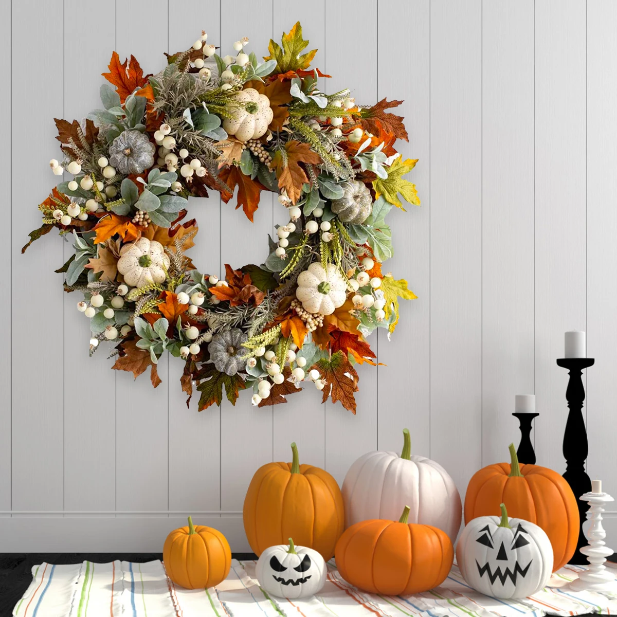 

Fall Wreath 45CM Artificial Autumn Harvest Wreath Pumpkin Maple Leaf Wreath Realistic Halloween Thanksgiving Wreath Home Decor