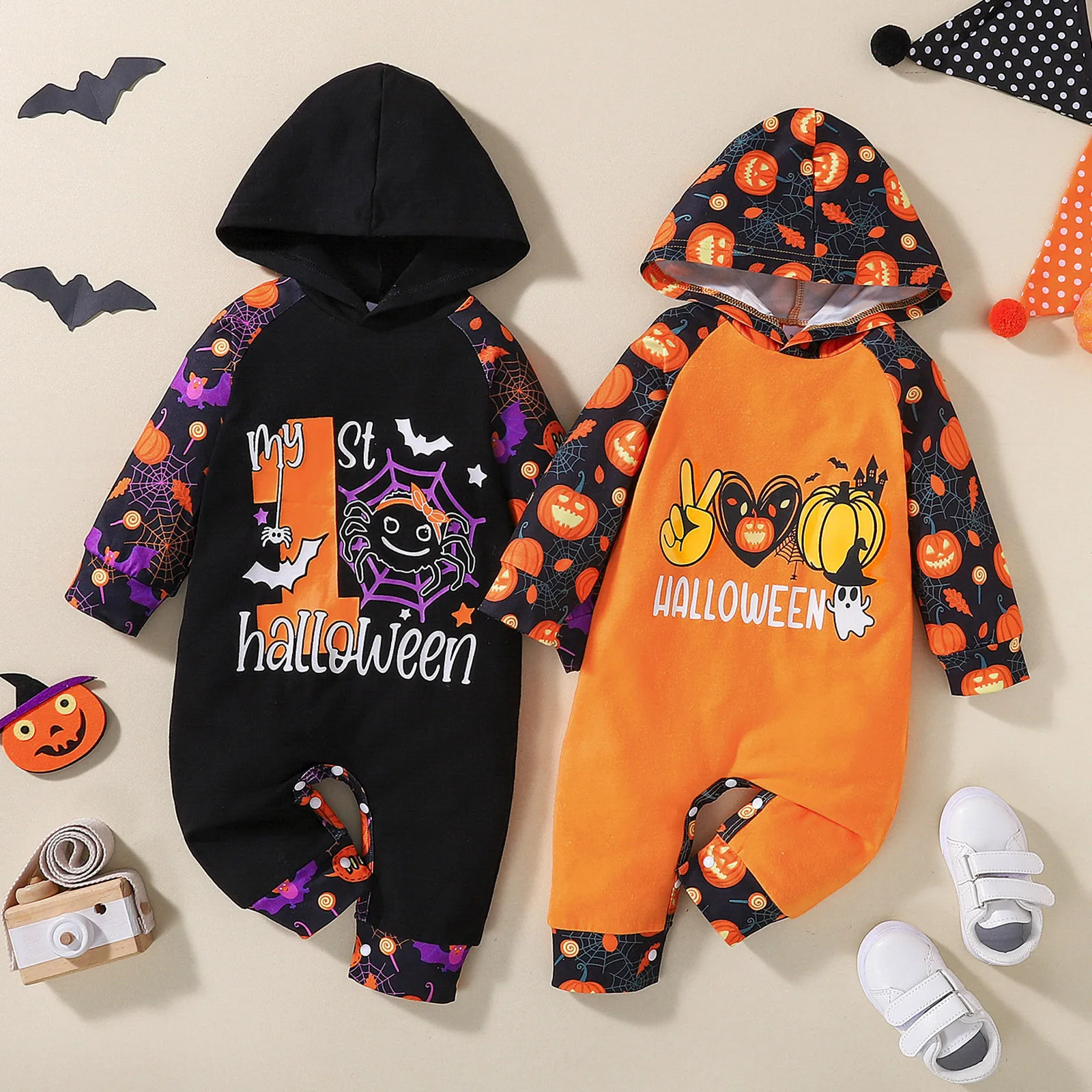 

Baby Girl Spring Clothes Infant Boys Girls Halloween Long Sleeve Romper Letter Prints Cartoon Pumpkin Hooded Girl Spring Outfits