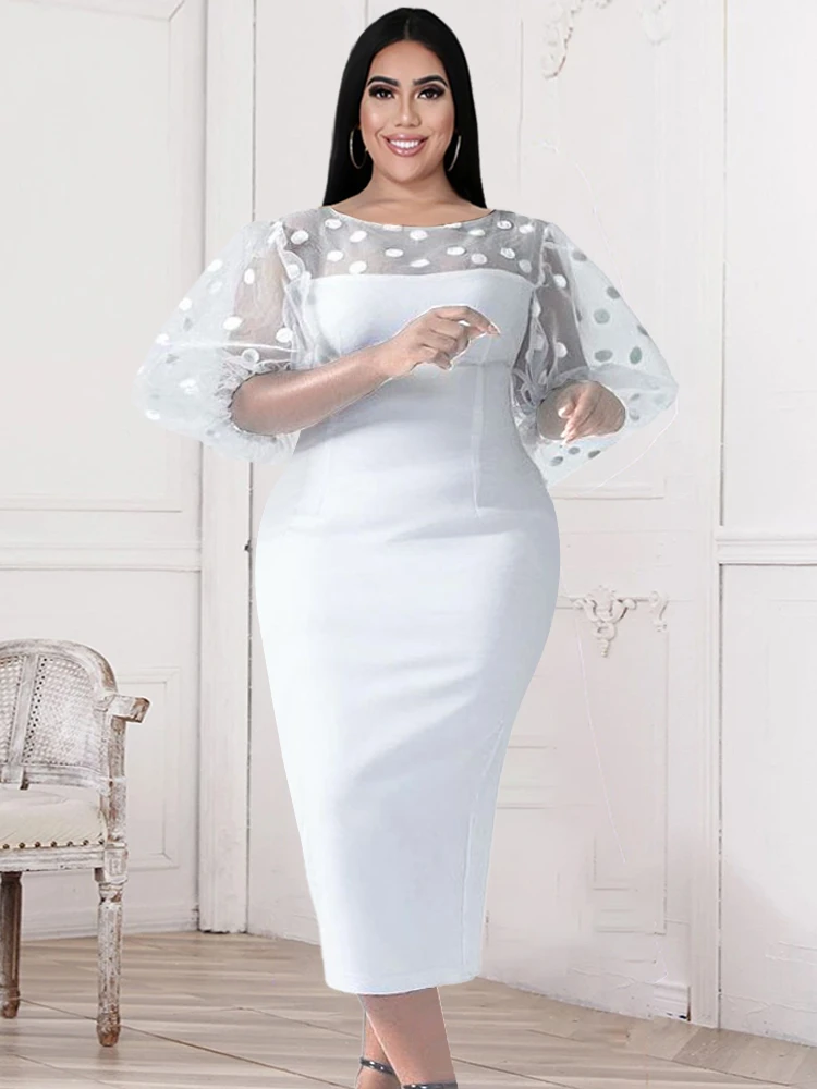 

Women White Dresses Patchwork Long Lantern Sleeves Polka Dot Tulle Bodycon Elegant O Neck Office Ladies Work Wear Midi Robes New