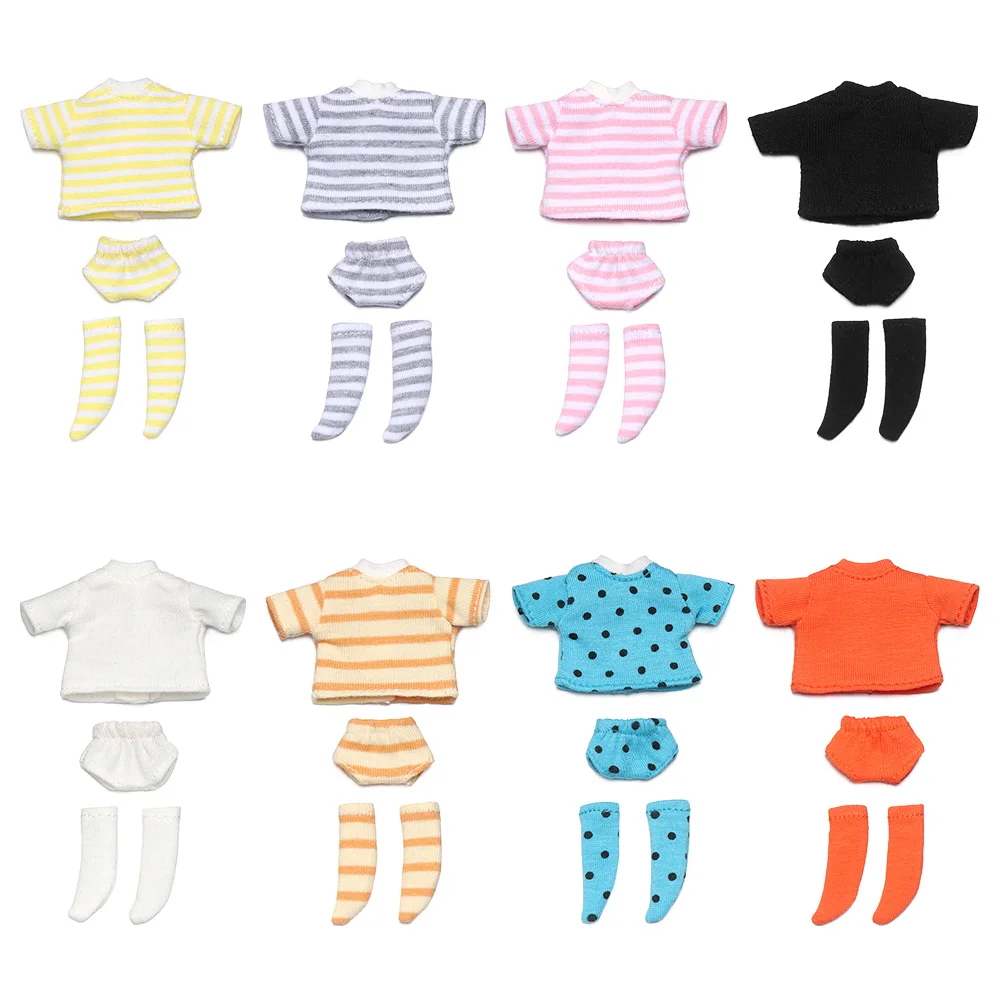 Striped Tops T-shirt Shorts Socks Suit Knitted Sweatshirt For Mini 1/12 Doll Cute Surprise Face Boy Girl Gift