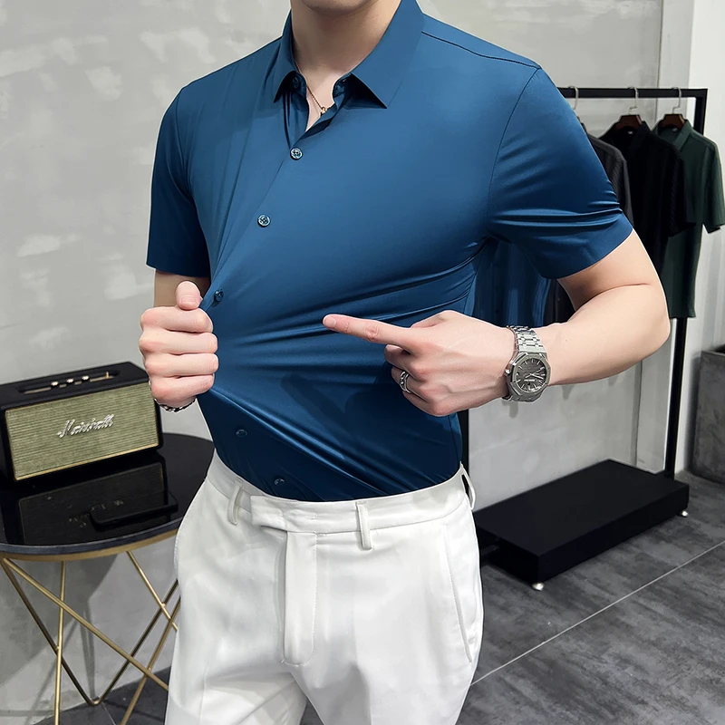 2022 Elasticity Seamless Shirts for Men Summer Short Sleeve Slim Casual Shirt Business Formal Dress Shirts Social Party Blouse