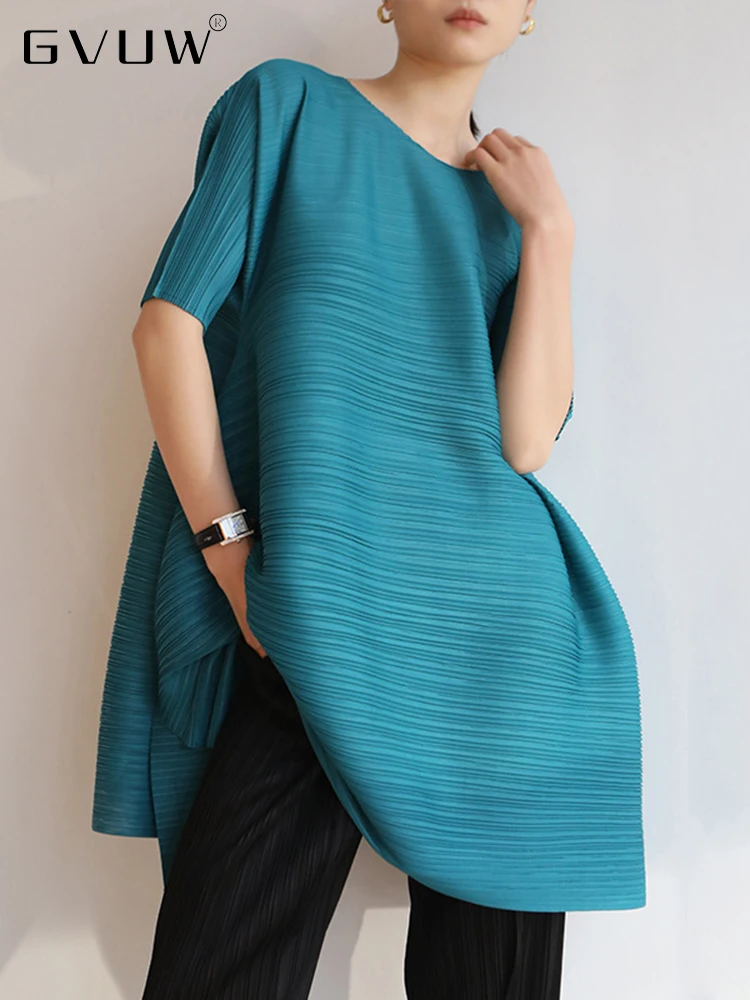 

GVUW Irregular Loose T-shirts Women Round Neck Short Sleeves Pleated Shirts Female Casual Clothing 2022 Spring Summer 25D1115