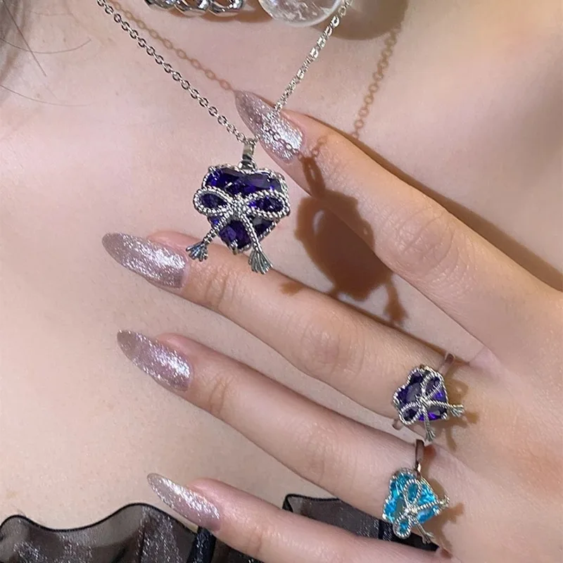 

Fashion Purple And Blue Three-dimensional Heart Pendant Choker Love Bow Ring Zircon Girl Sweet Necklace For Women Jewelry Set