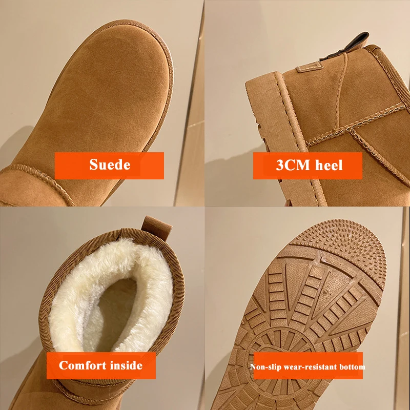 2022 Women's Snow Boot Style Autumn Winter Sheepskin Waterproof Wool Ankle Boots Velvet Lined Ankle Warm Flat Short Cotton Boots