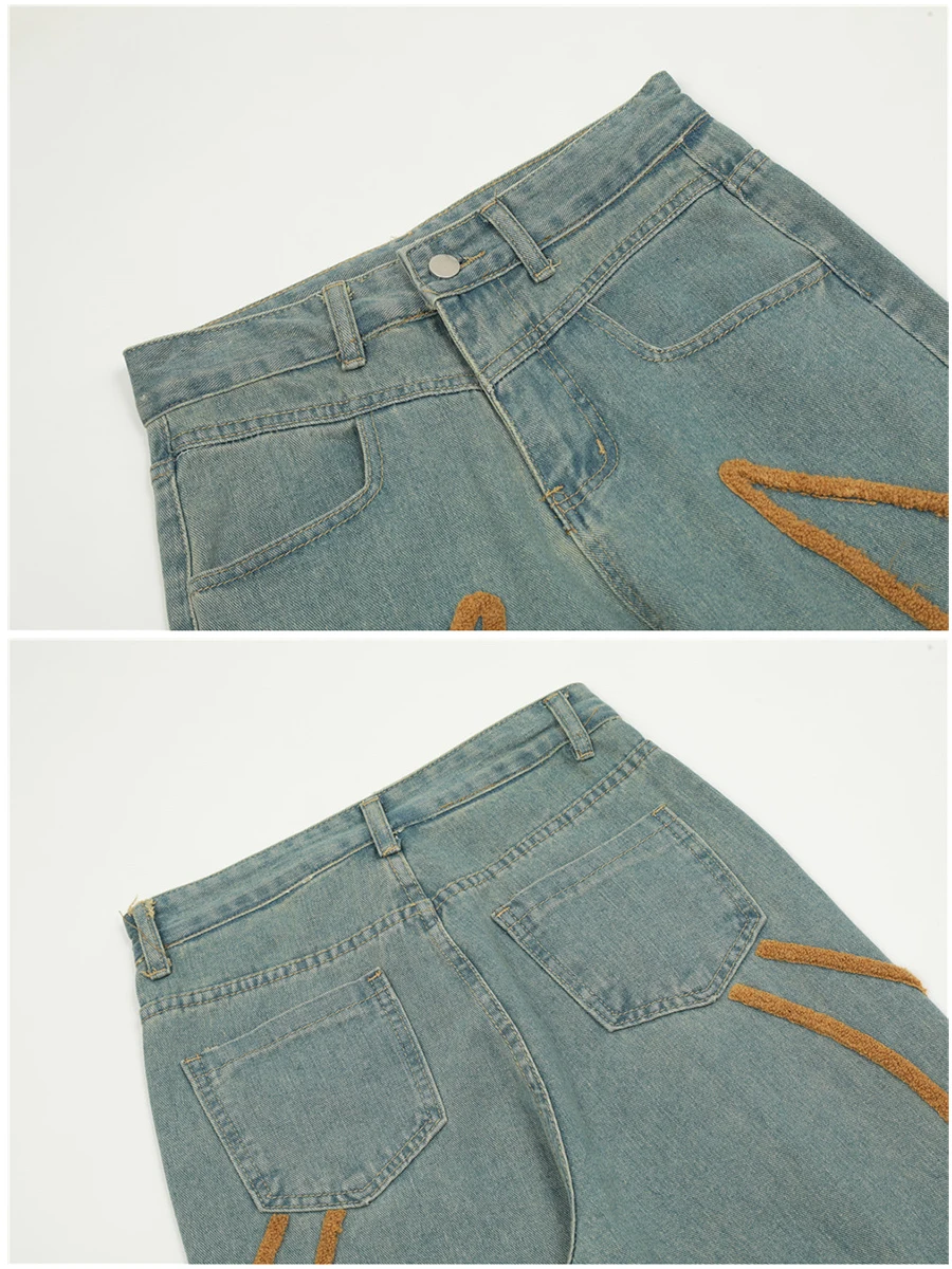 Four Seasons Men's Jeans Flocking Embroidery Design Straight High Street Loose Casual Wide Leg Pants Streetwear Men Ins Hot Sale