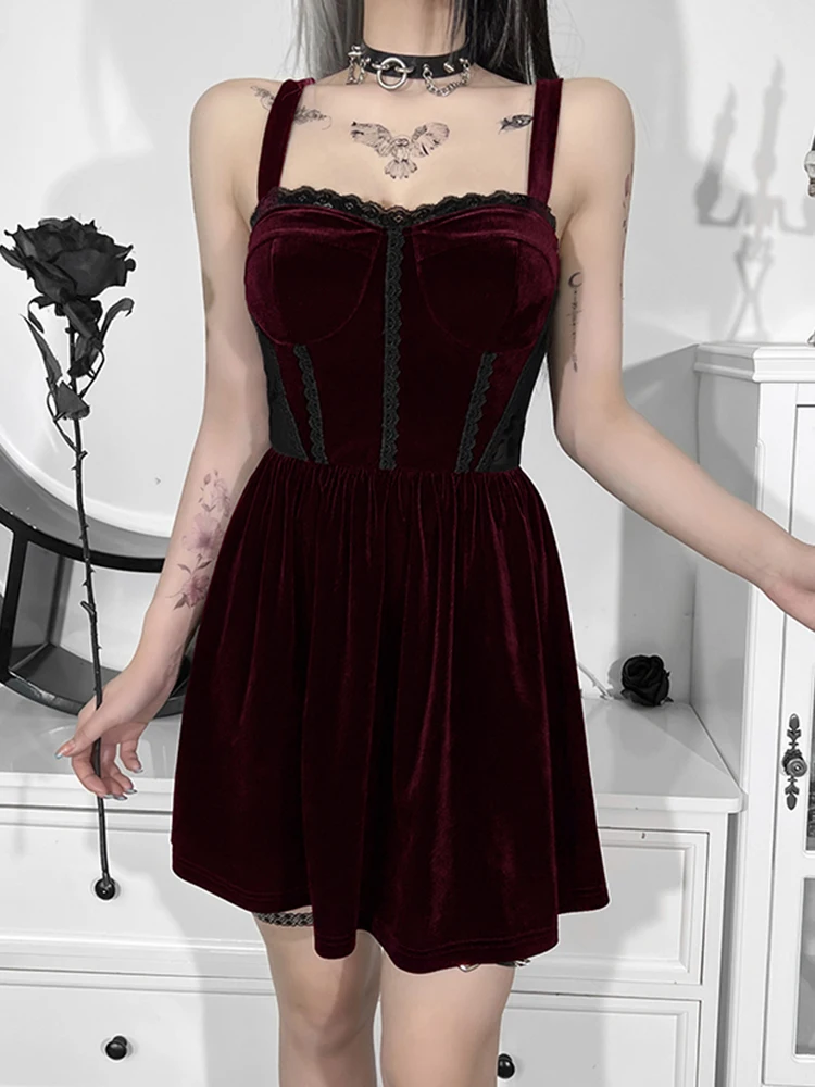 

2022 Vintage Gothic Sexy Printing Lace Patchwork Women Midi Dresses Elegent Black Party Dress Chic Red Wine A Line Wedding Dress
