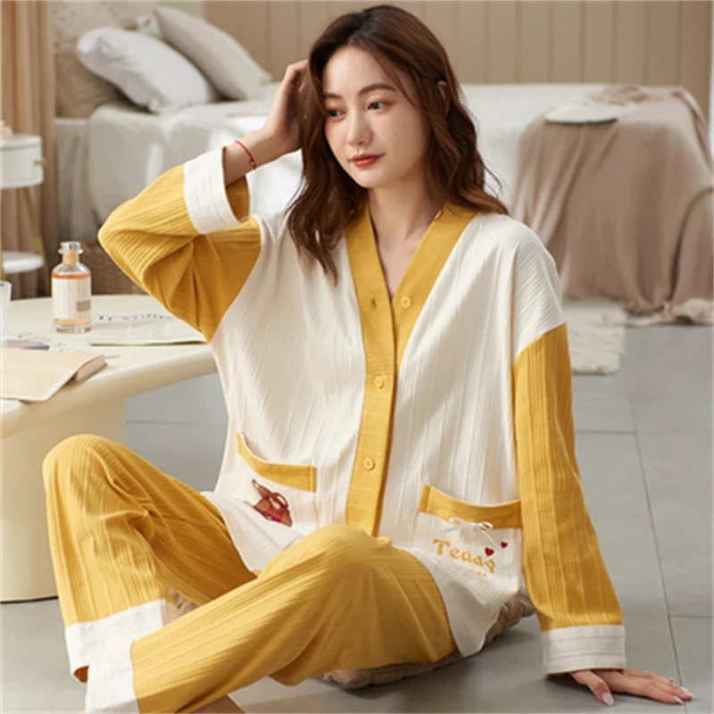 Pajamas Set Casual Sleepwear For Women Elastic Soft Cotton Pyjama Women's Sweet Cartoon V-Neck Homewear Clothes Big Size