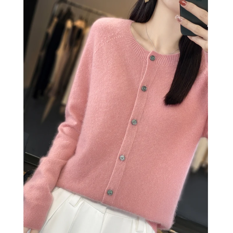 

2023 New Woolen Sweater Women's Cardigan Lineup Readymade Round Neck Long Sleeve Autumn/Winter Thin Loose Knitted Sweater Coat