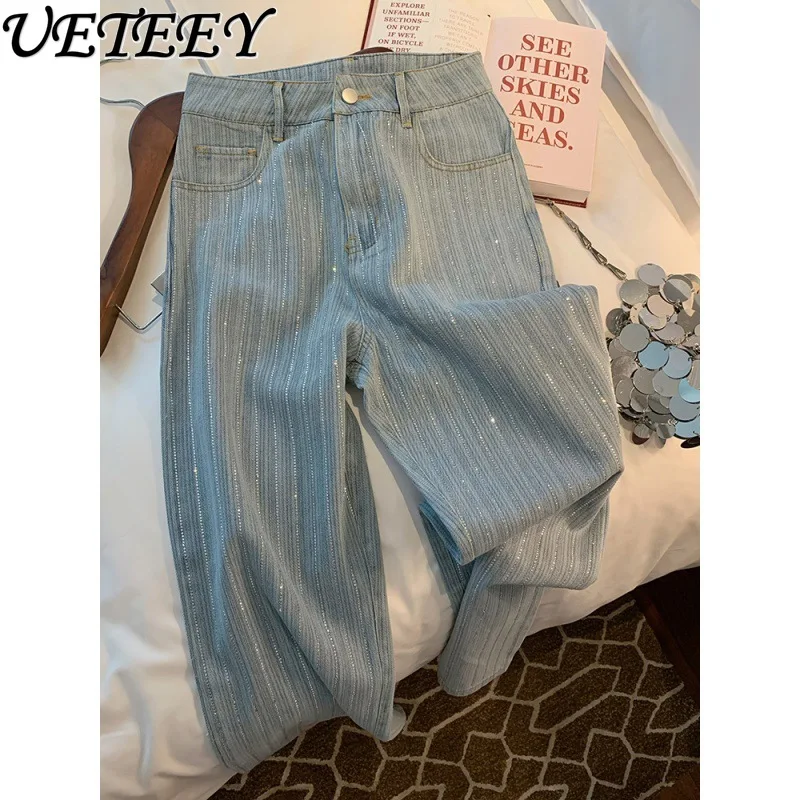 

High-Grade Striped Rhinestone Straight Jeans for Women Spring Autumn 2023 New High Waisted Denim Loose Wide Legs Pants Pantalon