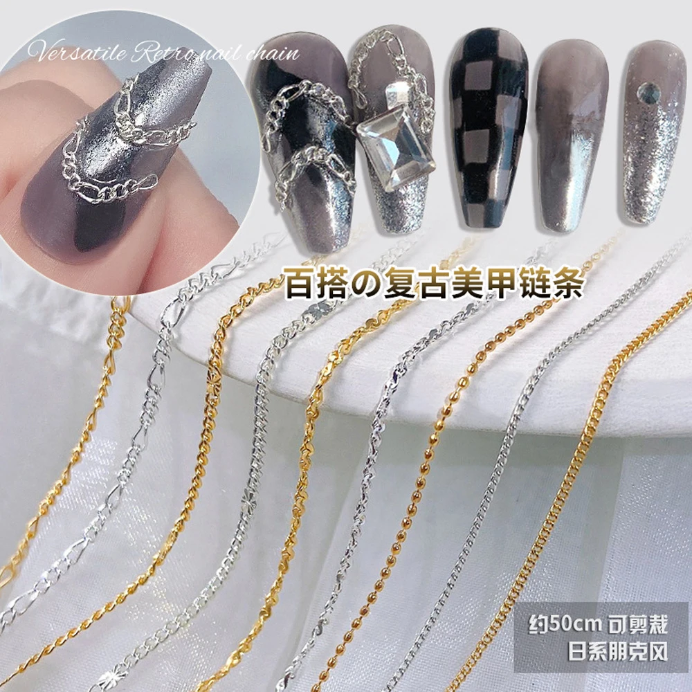 

Japan Punk Girl Metal Chain Nail Art Decoration 3pc Retro Modern Long Fine Bead Charm Gold Severable Strip DIY Manicure Ornament