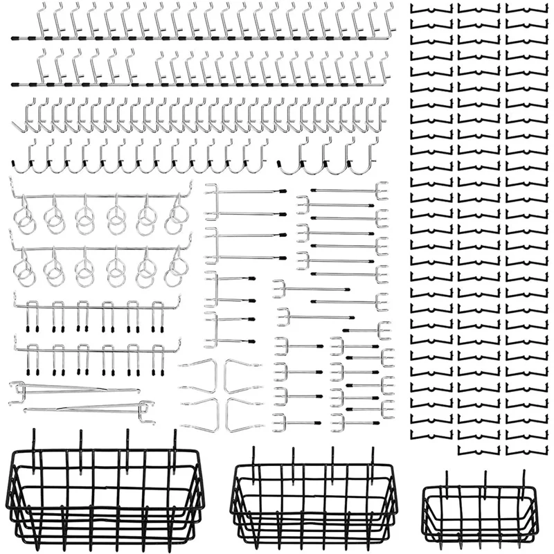 

205Pcs Pegboard Hooks Set With 3 Packs Pegboard Baskets S/M/L, Pegboard Accessories Kit Organizing Tools Garage Storage