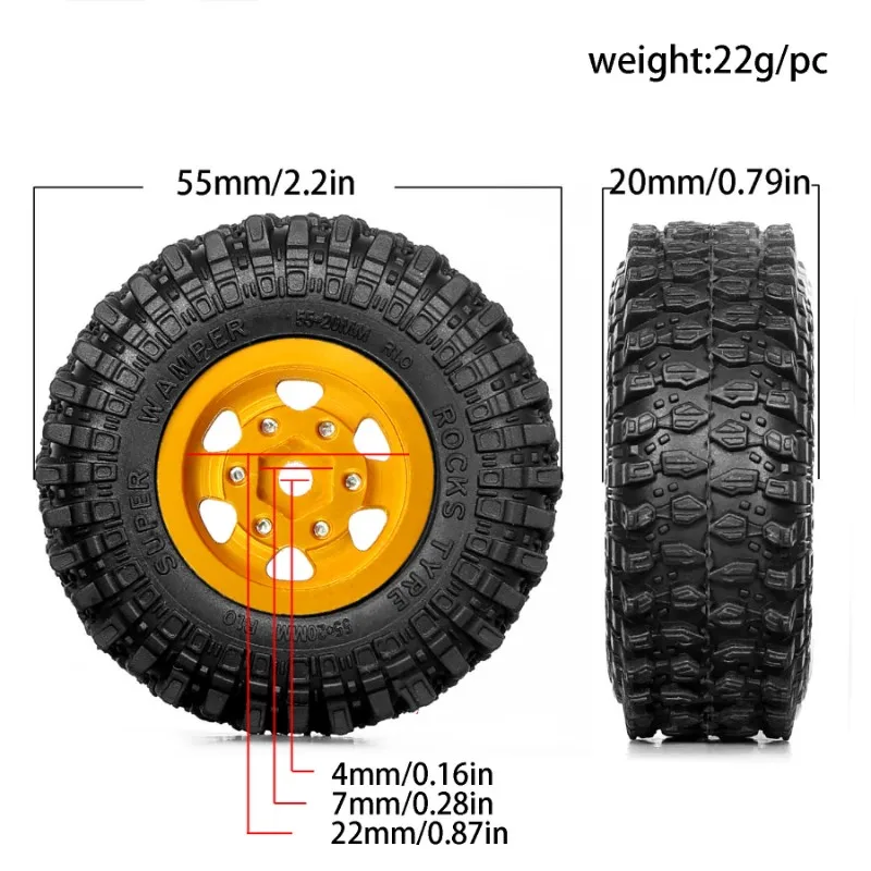 Фото CYGJ-Upgrade Parts-4 шт. Металлическое колесо с замком и обод, набор резиновых шин для осевого SCX24 UDIRC FMS Camel Trophy 1/24 RC Crawler Car №1