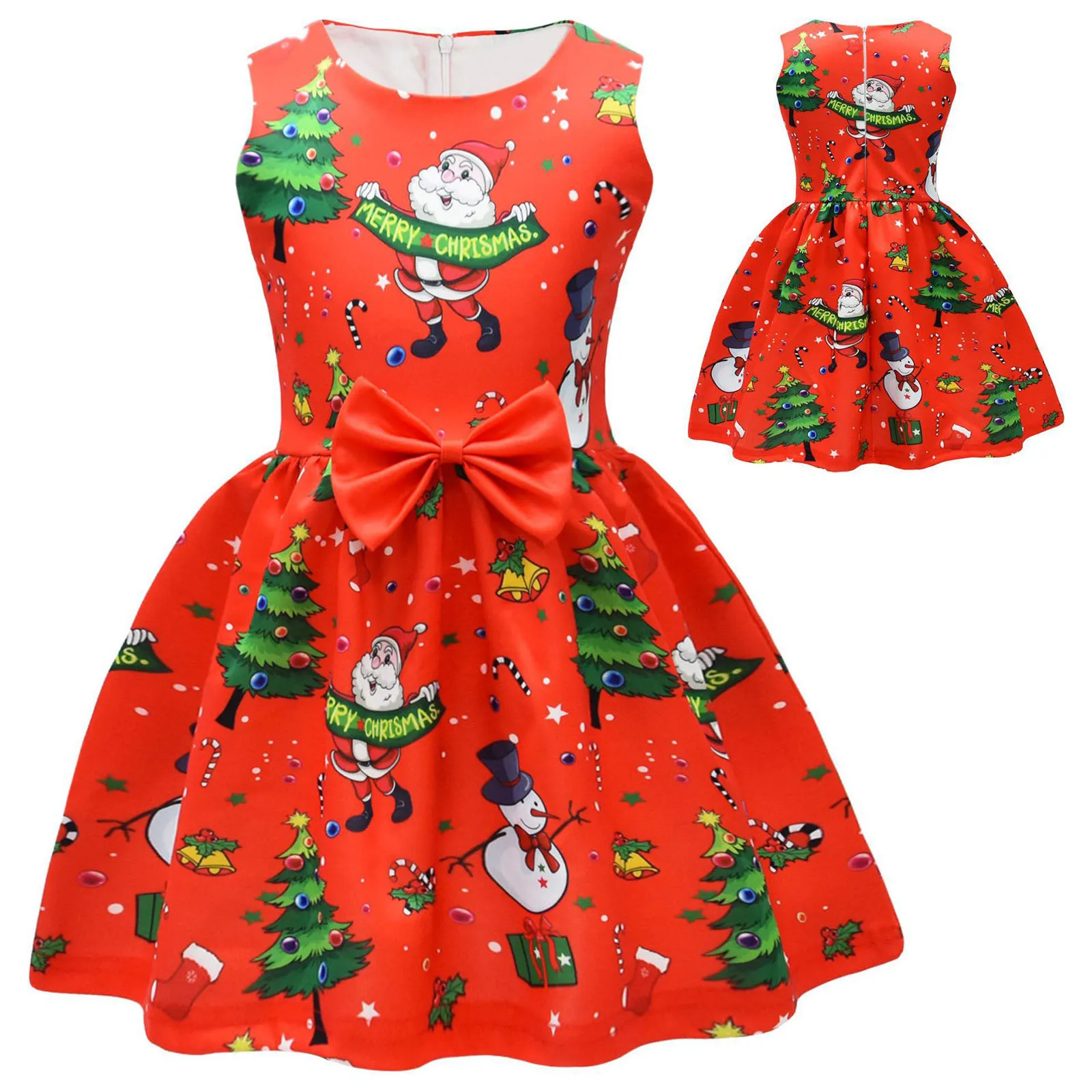 Рождественский костюм для девочек платье с принтом снежинок Санта-Клауса