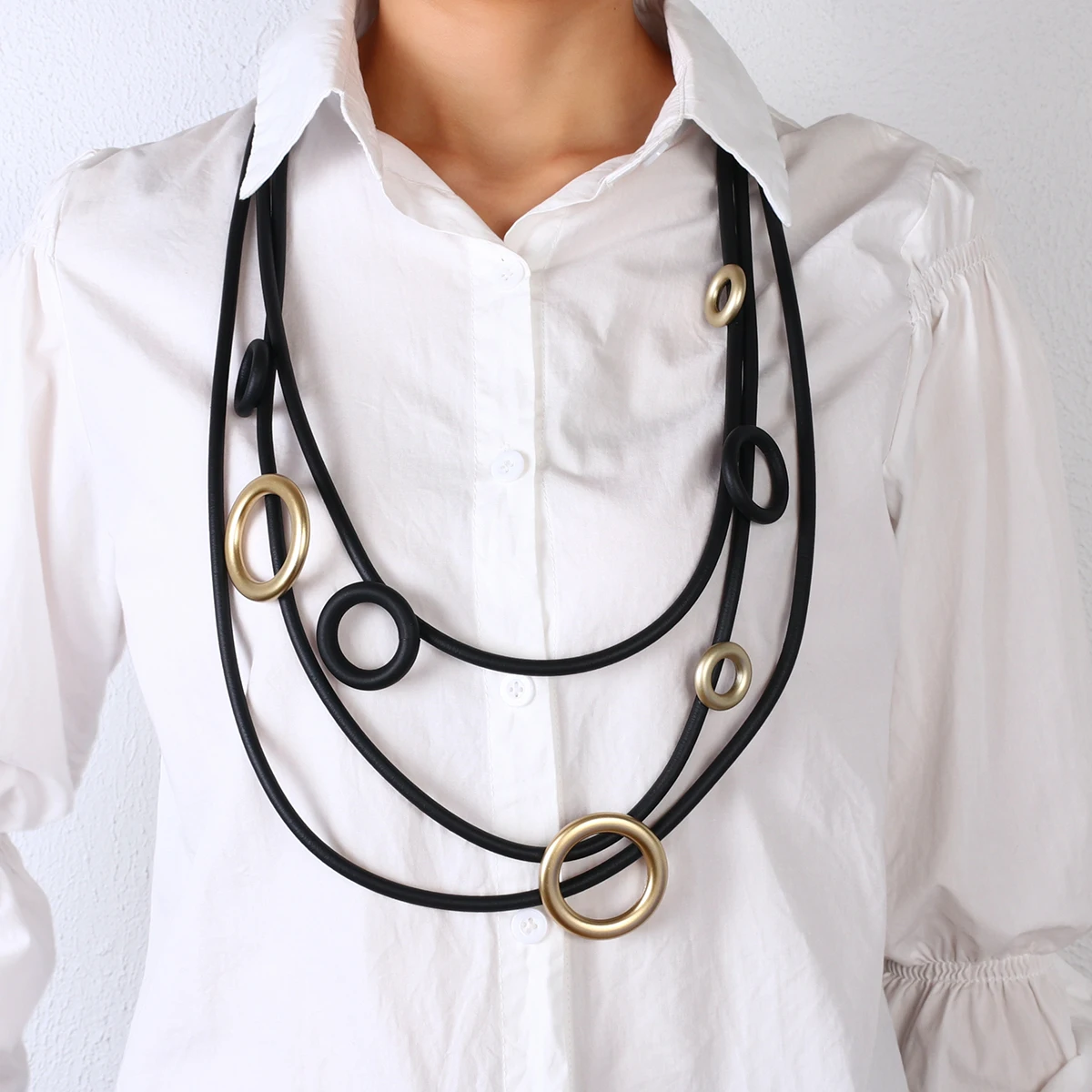 

Amorcome Black Long Rubber Costume Necklace & Pendants 7 Circles Women Bohemian Statement Chunky Necklaces Fashion Jewelry