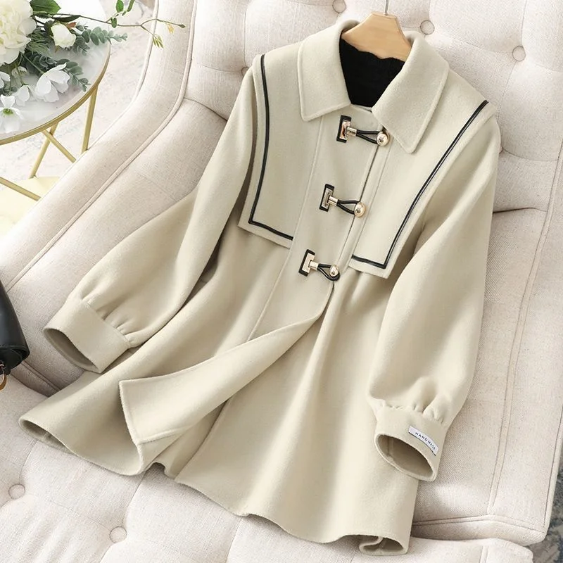 

Fashion Women Wool Blends Coats Patchwork Designed Puff Sleeve Elegant Lady Cashmere Clothes M-4XL Mujer French Style Harajuku