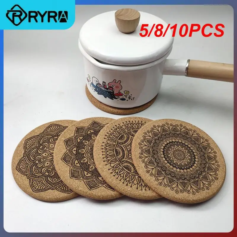 

5/8/10PCS With Rack Nordic Mandala Round Cork Coaster Round Shape Wooden Coasters Non-slip Coffee Cup Pad Nordic Mandala Design