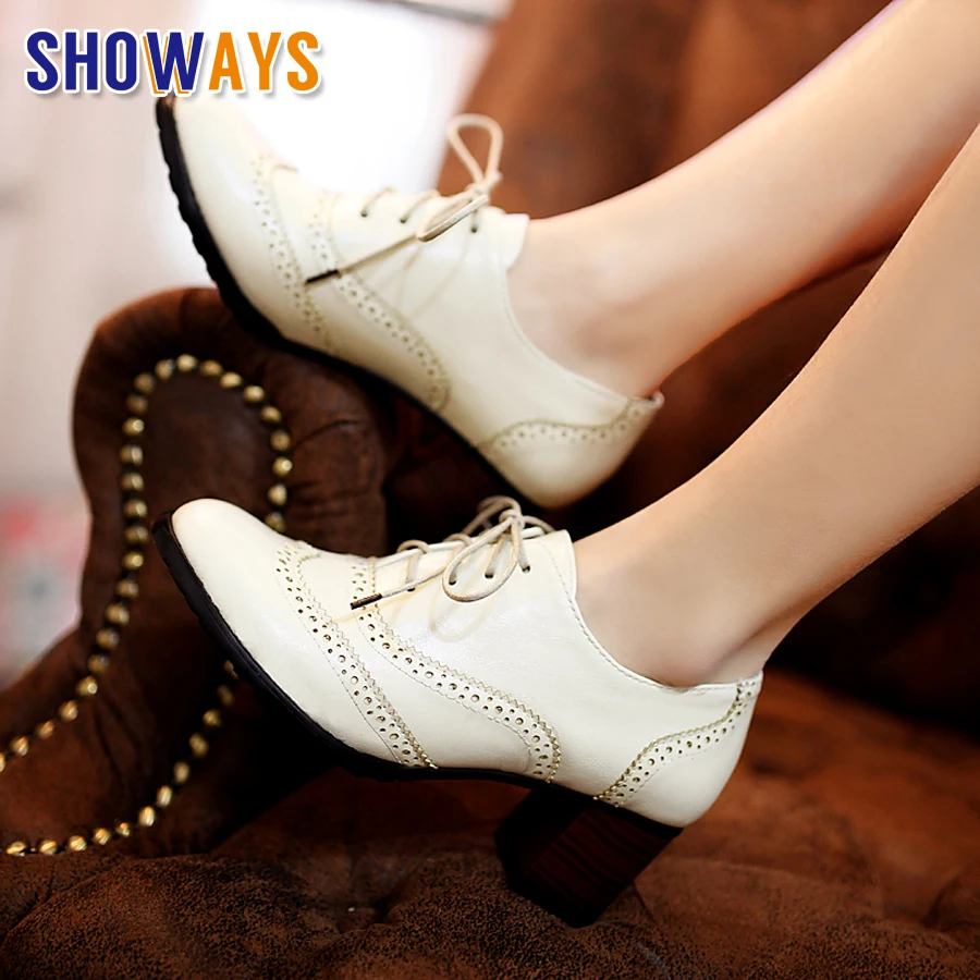 

British Women Oxfords 5.5cm High Square Block Heel Pumps Round Toe Brogues Black Beige Fretwork Casual Office Lady Lace-up Shoes