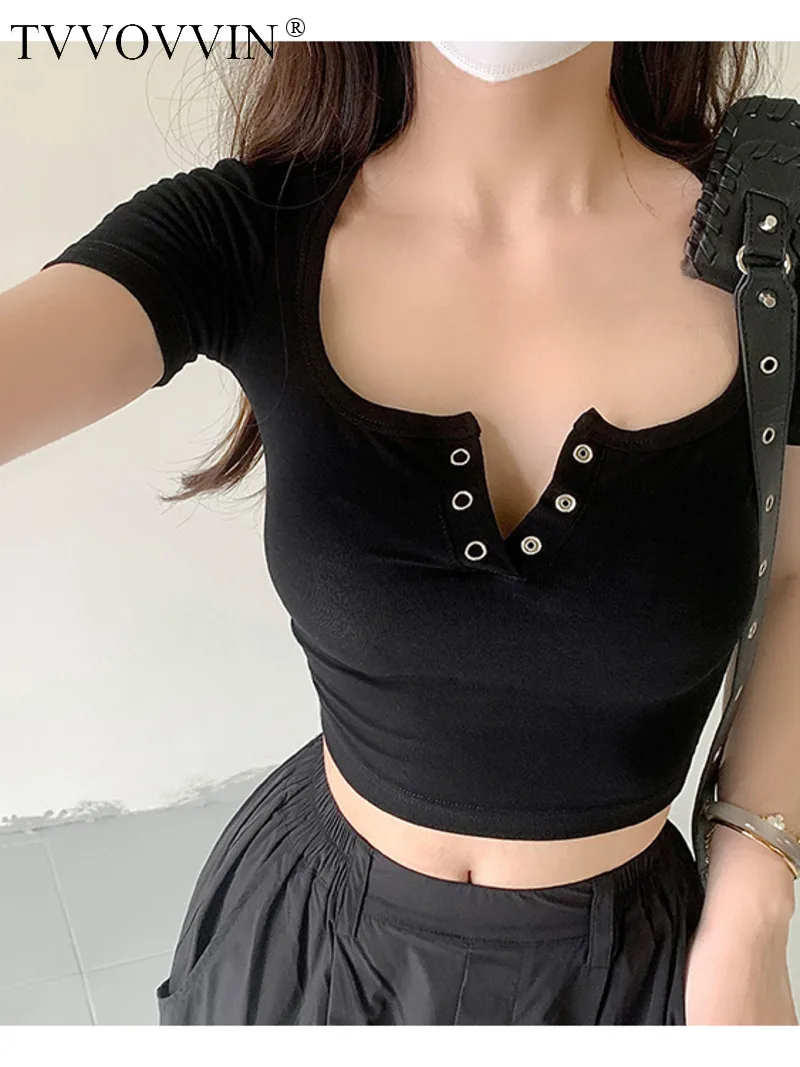 

TVVOVVIN 2023 острая женская футболка с коротким рукавом летняя новая женская украшение однотонная Талия вытягивающий модный топ T4H7