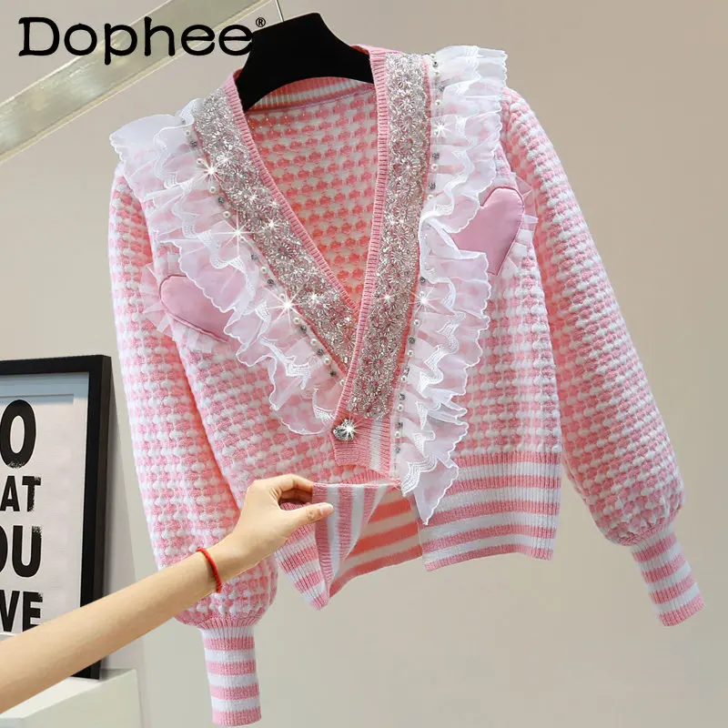 

Houndstooth Cardigans Women Sequined Ruffled Lovely Patch Sweater 2022 Autumn and Winter High Waist Short Rhinestones V Neck