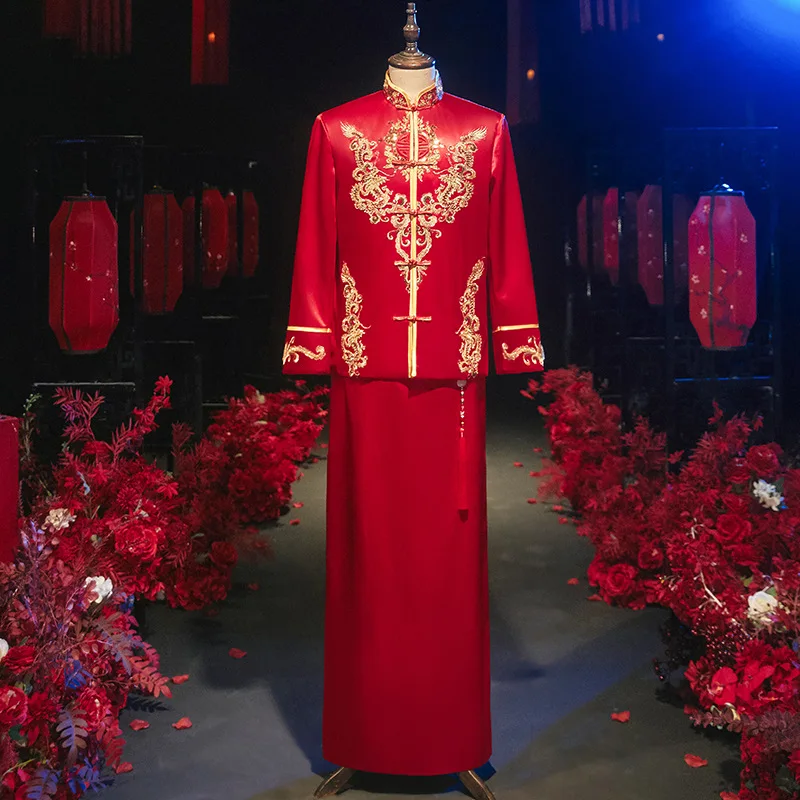 Bridegroom Exquisite Sequins Embroidery Tang Suit Chinese Style Traditional Men Women Banquet Qipao