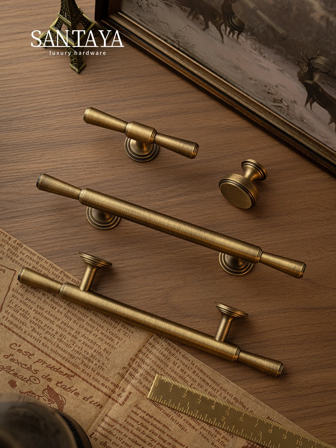 Фото Ручки Santaya Solid Antique из матовой латуни для кухонных шкафов, выдвижных ящиков и бронзовые ручки-кнопки T-bar для мебели №1