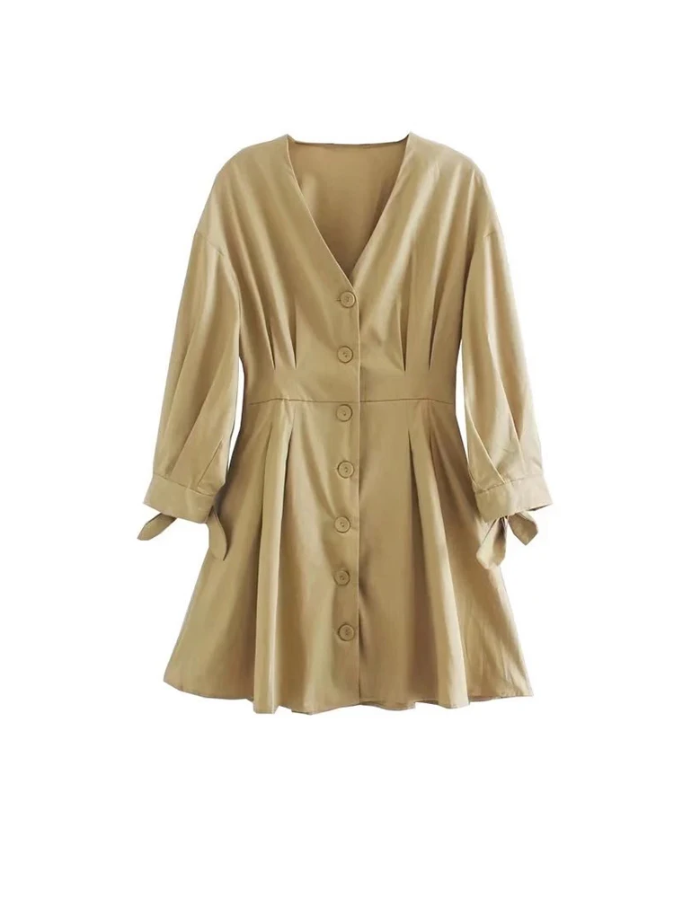 

Women Khaki V-neck Single Breasted Cotton Dress Summer Folds Slim A-line Mini Office Lady Dresses 2022
